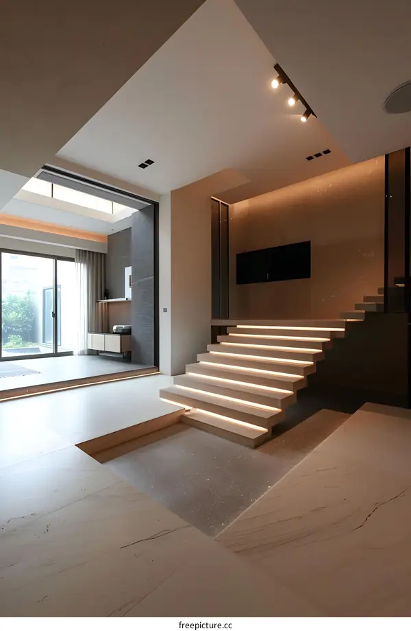 Modern Interior Design with Wooden Stairs and Minimalist Lighting