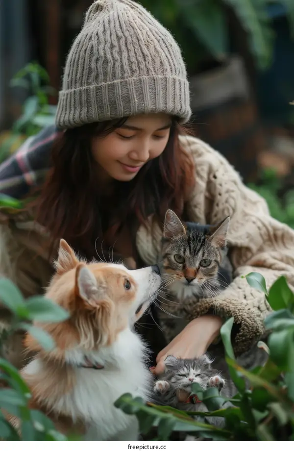A young woman is sitting on the ground with a dog and two cats.