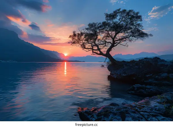 Lonely Tree Stands Tall on Lake Rocks at Sunset