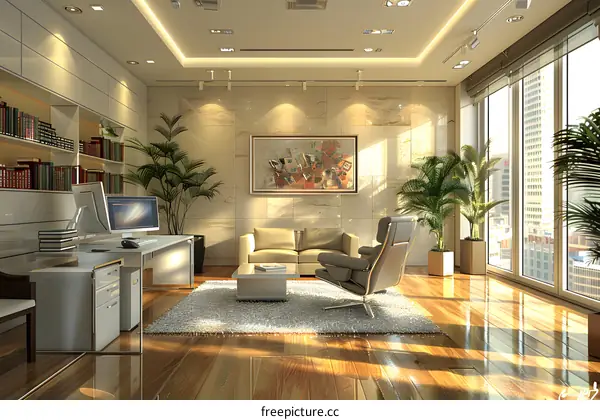 Modern office interior with large windows and a wooden floor