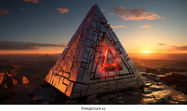 A glowing pyramid in the middle of the desert