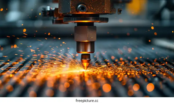 Industrial laser cutting machine in operation. Laser beam melts and vaporizes metal in a high-precision cut.