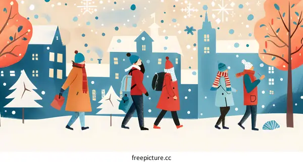 Winter Wonderland Illustration with Five People Walking in the Snow