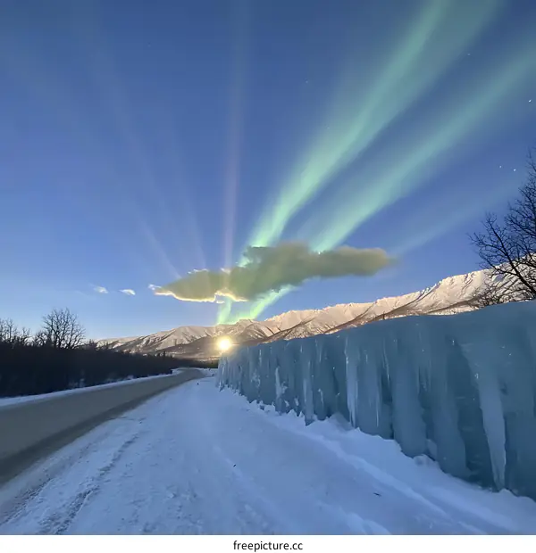 Aurora Borealis Display Over Snowy Landscape