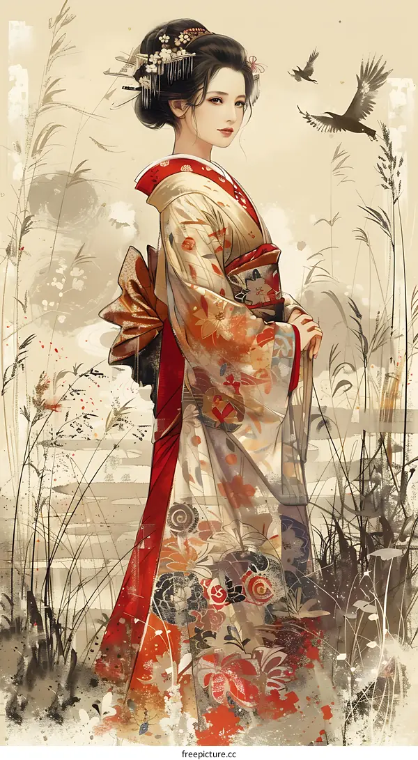 A painting of a beautiful woman in a kimono with a red and white background