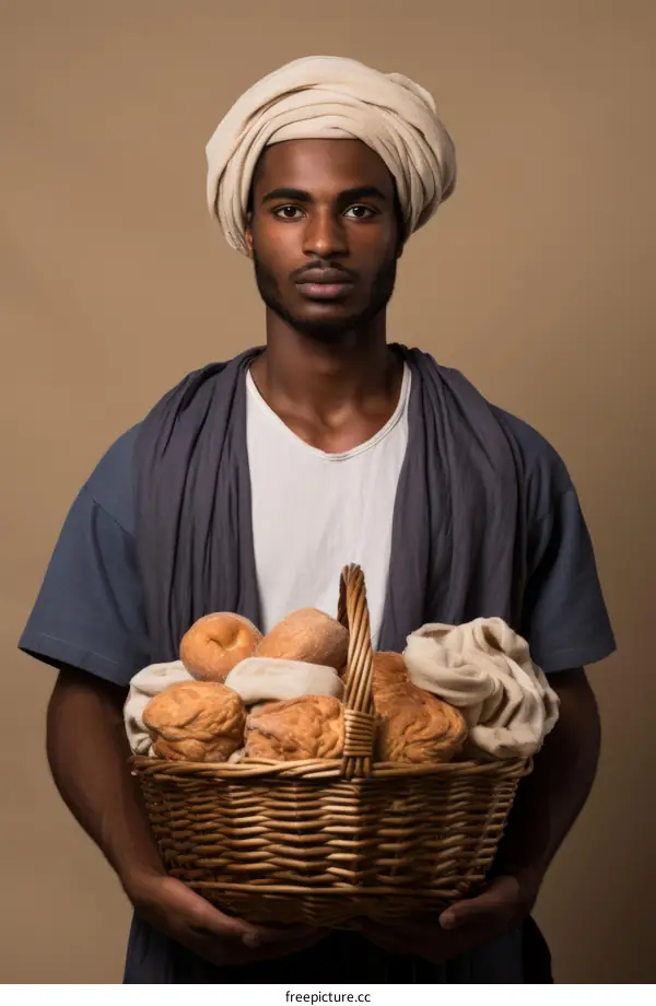 Portrait of a young man wearing a turban and carrying a basket of bread.
