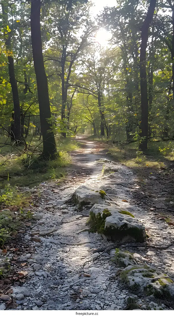 Forest Path With Sunlight Shining Through The Trees