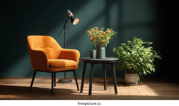 Modern Cozy Living Room Scene with Orange Armchair
