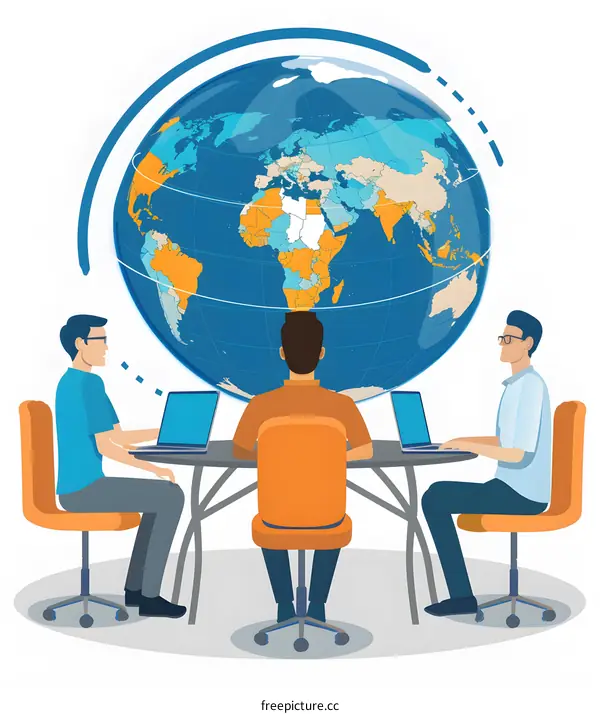 Global Business Teamwork Illustration with 3 People
