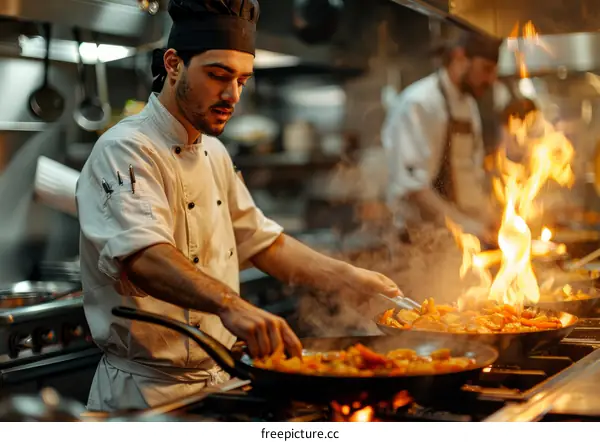 Stir-frying vegetables over a flaming hot wok