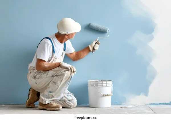 Male painter painting a light blue wall