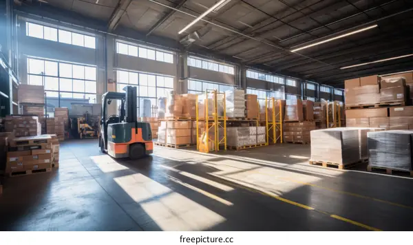 A forklift in a warehouse full of boxes