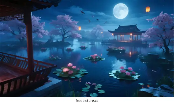 Peaceful Night Scene with Full Moon, Cherry Blossoms, and Traditional Pavilion
