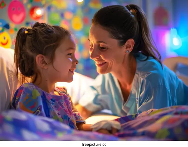 A young girl in a hospital bed smiling at a nurse