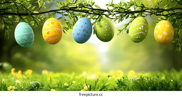 Colorful Easter Eggs Hanging on a Branch