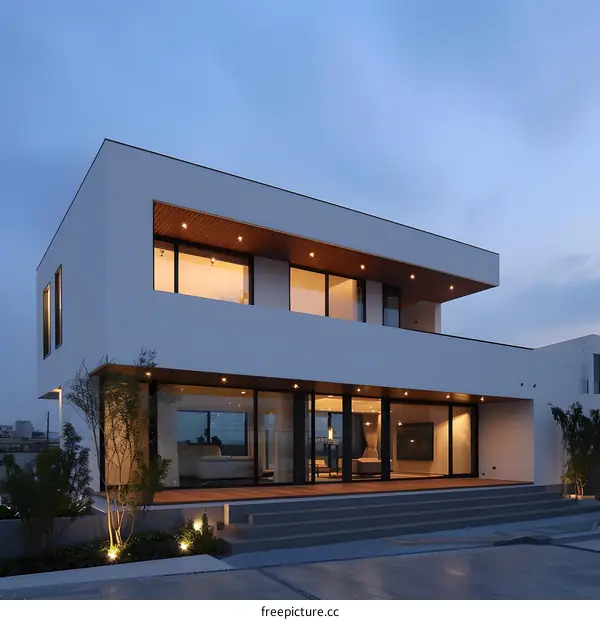 Modern Architecture House with Glass Windows and Wooden Deck