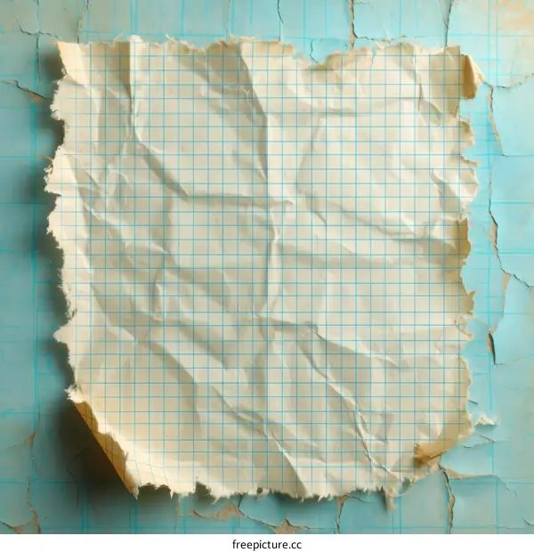 A crumpled sheet of graph paper against a blue cracked wall