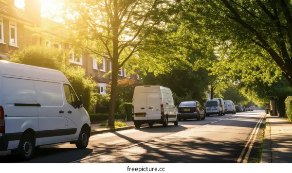 White vans parked on a tree lined suburban street on a sunny day