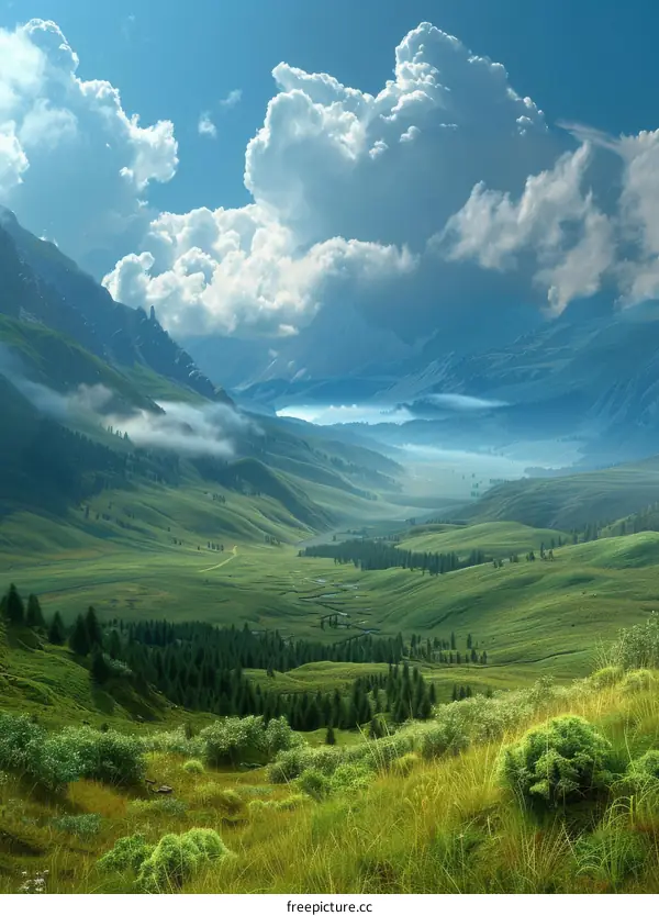 Mesmerizing Green Valley Framed by Towering Mountains