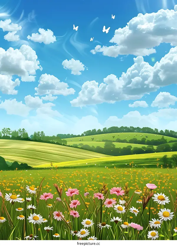 Beautiful Summer Meadow with Flowers and Blue Sky
