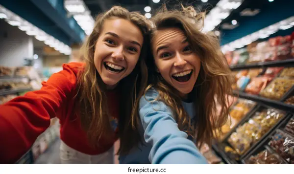 Two happy young women taking a selfie in a grocery store