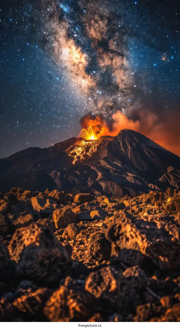 Etna volcano erupting at night with a starry sky above