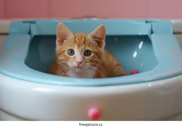 A ginger kitten sits in a blue plastic sink