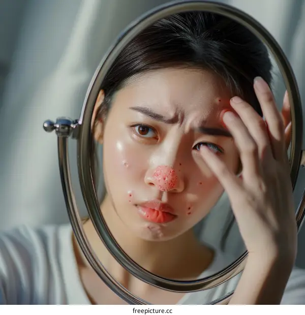 Asian woman looking at her pimples in the mirror