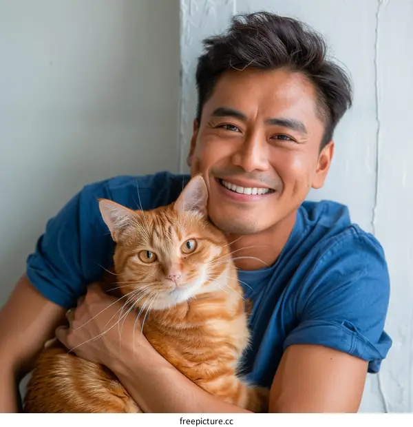 A smiling Asian man hugging an orange cat