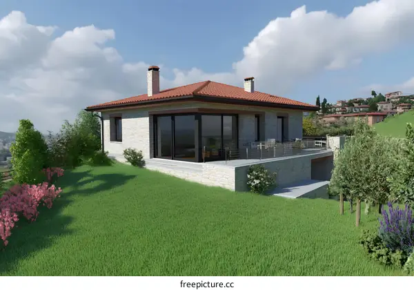 Modern Stone House with Large Windows and Terrace