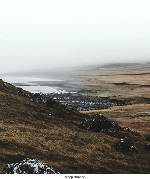 Foggy Coastline with Rolling Hills and a Distant Sea