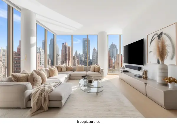 A modern living room with a large couch and a TV