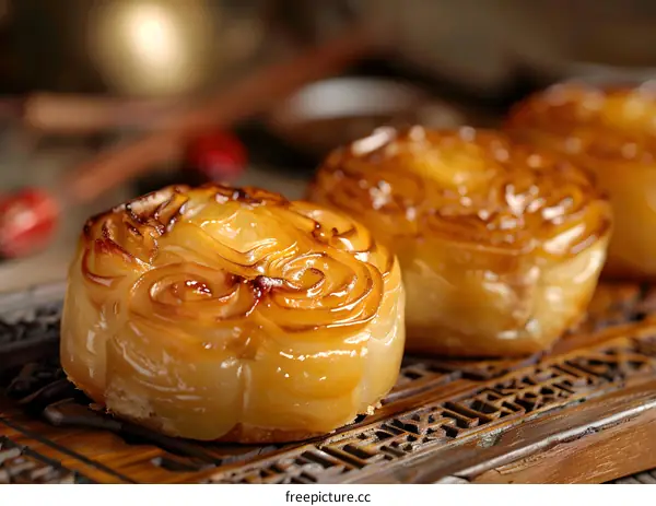 Close Up of Traditional Chinese Mooncakes on Wooden Plate