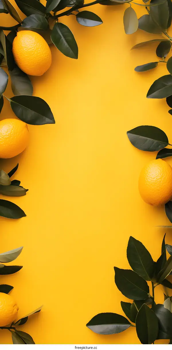 Yellow Background with Lemons and Green Leaves