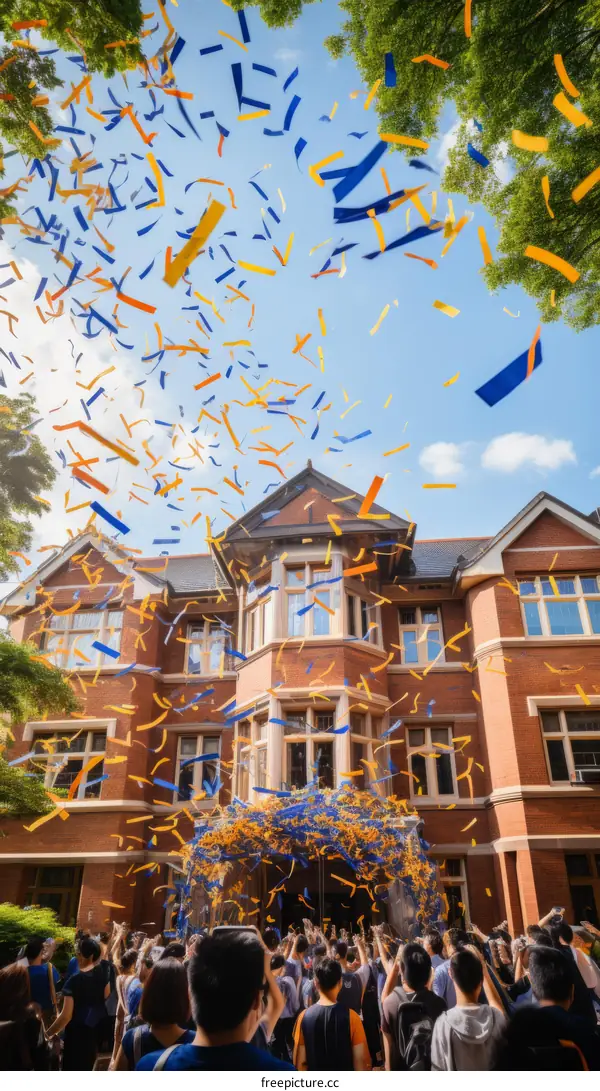 Students celebrating graduation by throwing colorful confetti in the air
