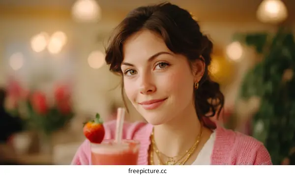 Young Woman Enjoying a Refreshing Strawberry Smoothie