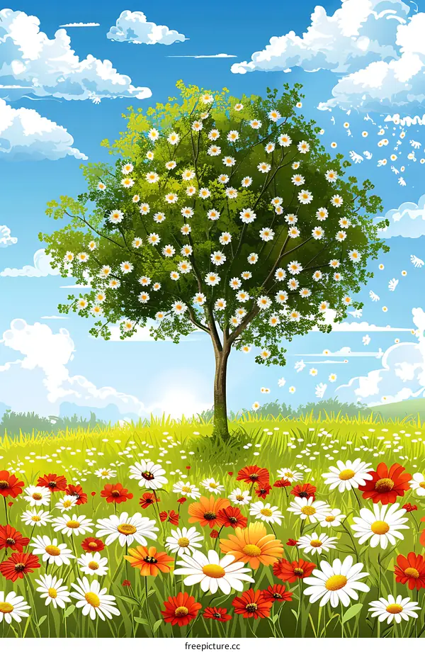 Spring Meadow with Blooming Tree and Flowers