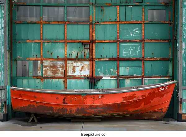 rusty red boat sits on pavement in front of a green wall