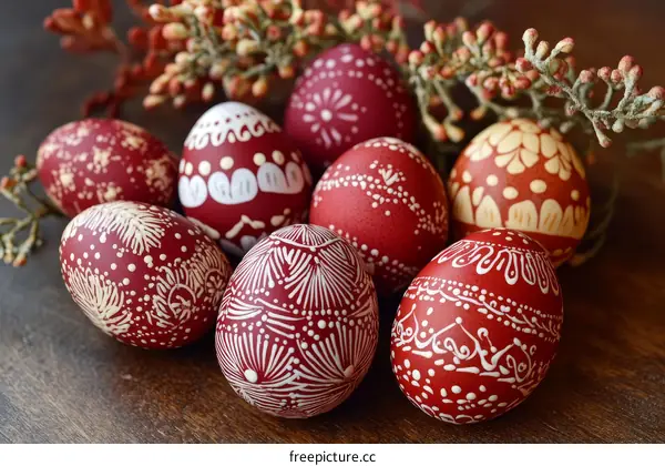 Hand Painted Easter Eggs on Wooden Background