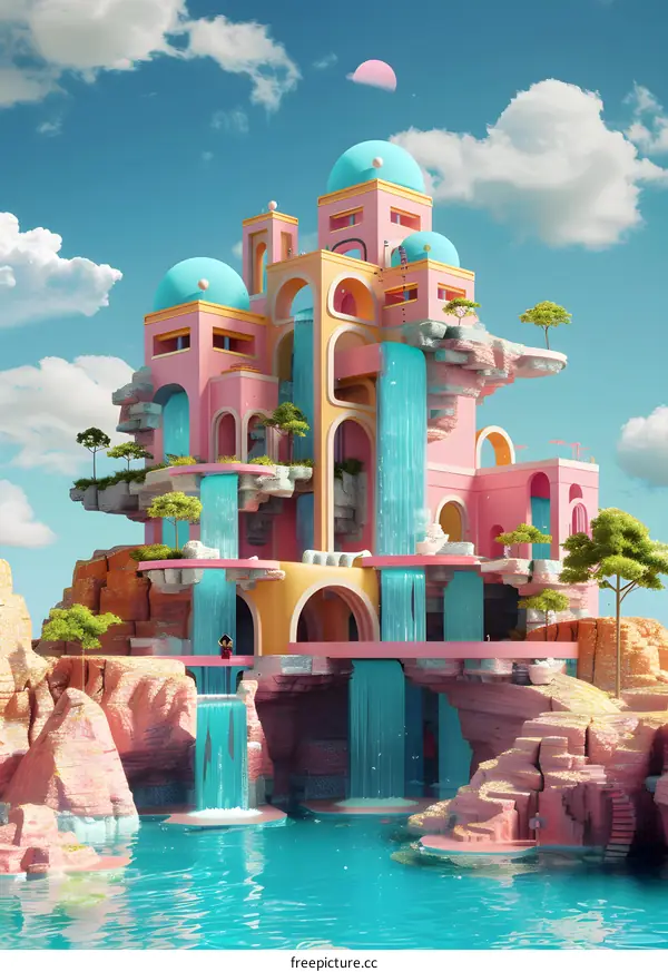 Surrealist Architecture Design, Dreamlike Buildings, Blue Sky, Pink, Orange, and Yellow Colors