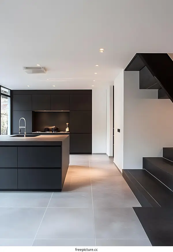Modern Kitchen Interior Design with Black Cabinets and Grey Tiles