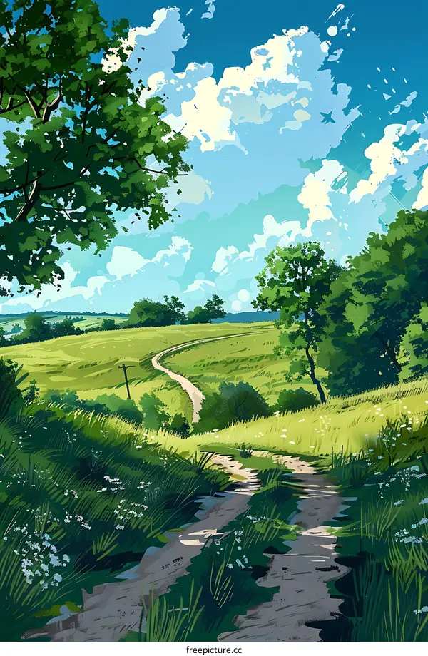 Summer Landscape with Winding Path and Green Grass