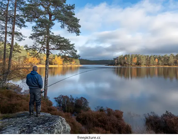 Man Fishing on a Calm Lake in Autumn