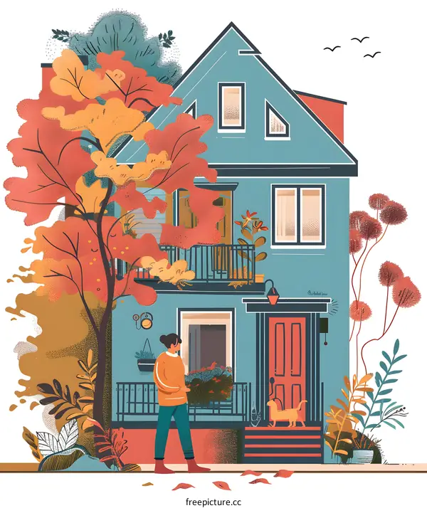 Autumn House with Woman and Cat Illustration
