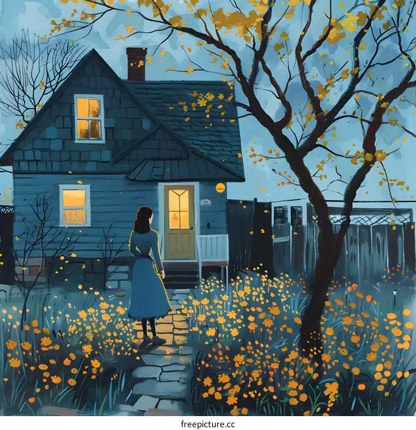 A woman standing in a garden path in front of a blue house