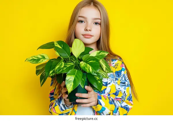 Girl Holding Potted Plant Against Vivid Yellow Background