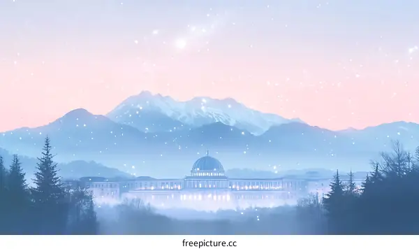 Winter Wonderland Cityscape with Snowy Mountains