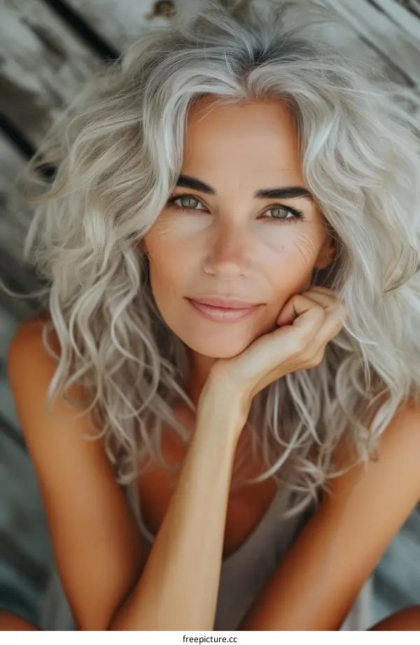 Portrait of a beautiful woman with gray hair and green eyes