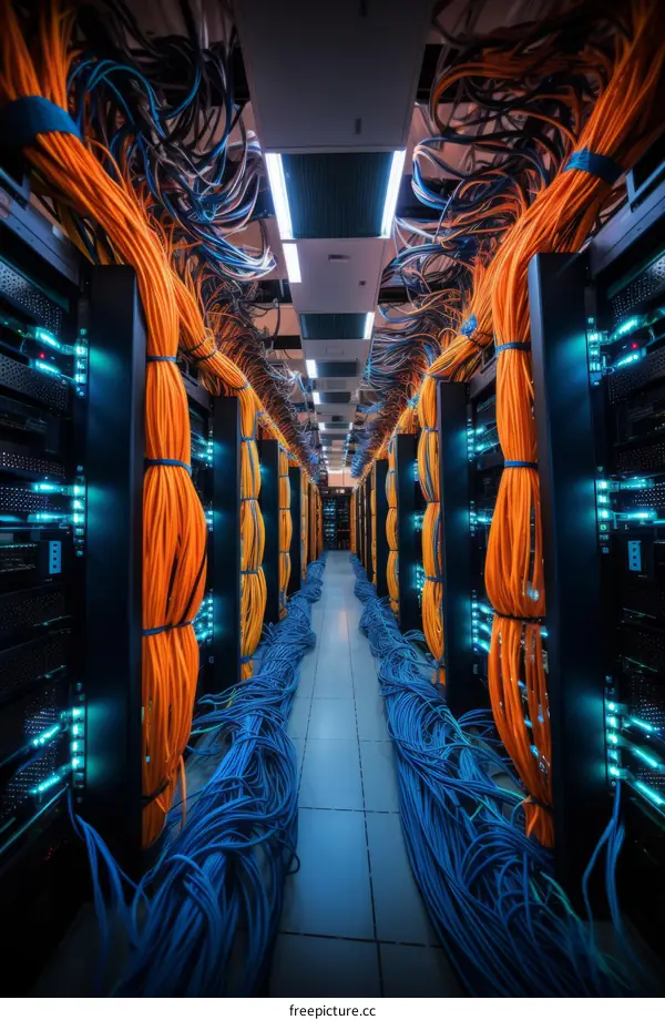 Server Room with Blinking Lights and Cables