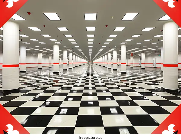 Checkerboard Floor in Empty Building with Red Stripe